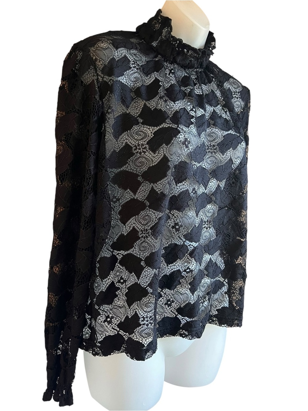ISKA London Black Sheer Floral Lace Top Womens L Gothic Victorian Ruffle Witchy
